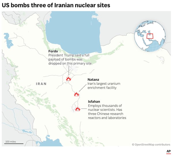The map above locates the three Iranian nuclear facilities that were bombed by the U.S. on June 21. (AP Graphic)