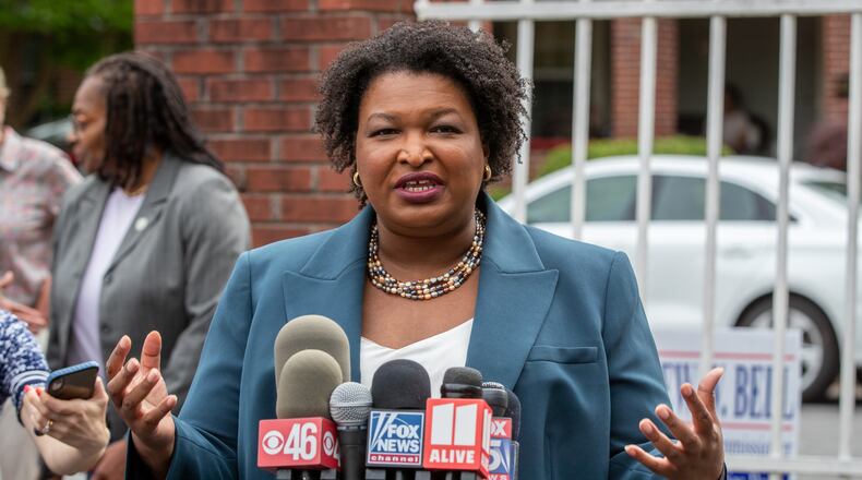 Stacey Abrams talks at a press conference at Israel Baptist Church in Atlanta Tuesday, May 23, 2022. (Steve Schaefer / steve.schaefer@ajc.com)