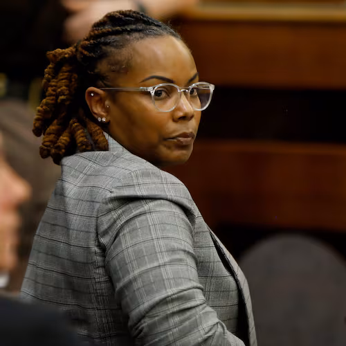 FILE - Former Richneck Elementary School assistant principal Ebony Parker looks back into the courtroom during Abby Zwerner's lawsuit against her on Oct. 28, 2025, in Newport News, Va. (Stephen M. Katz/The Virginian-Pilot via AP, Pool, File)