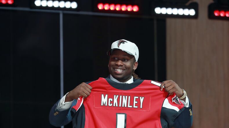 UCLA's Takkarist McKinley poses after being selected by the Atlanta Falcons during the first round of the 2017 NFL football draft, Thursday, April 27, 2017, in Philadelphia. (Jeff Haynes/AP Images for Panini)