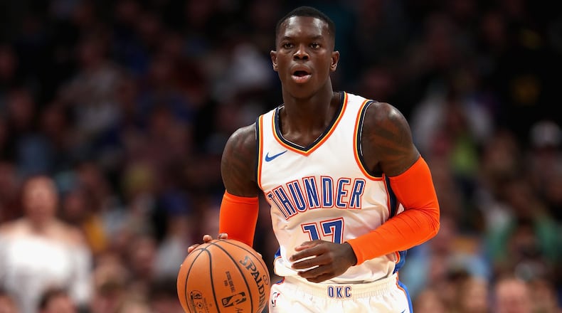 Dennis Schroder of the Oklahoma City Thunder plays the Denver Nuggets at the Pepsi Center on December 14, 2018 in Denver, Colorado.