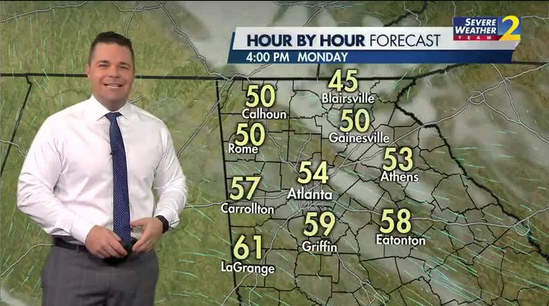 Channel 2 Action News meteorologist Brian Monahan said it will begin to feel more like springtime in Atlanta with highs in the upper 50s Monday and highs near 70 degrees by Thursday. (Credit: Channel 2 Action News)
