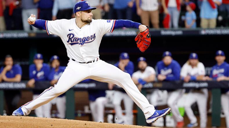 Texas Rangers pitcher Nathan Eovaldi works during the first inning against the Baltimore Orioles in Game 3 of an American League Divisional Series game at Globe Life Field in Arlington, Texas, on Tuesday, Oct. 10, 2023. (Tom Fox/The Dallas Morning News/TNS)
