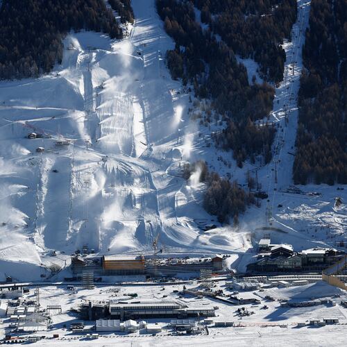 FILE - This photo shows the snowboarding and freestyle skiing events which will take place during the upcoming Milan Cortina Winter Olympics in Livigno, Italy, Saturday, Dec. 27, 2025. (AP Photo/Gabriele Facciotti, File)