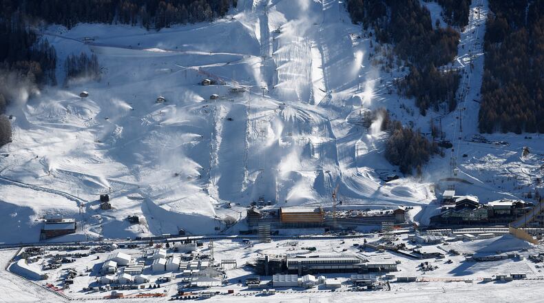 FILE - This photo shows the snowboarding and freestyle skiing events which will take place during the upcoming Milan Cortina Winter Olympics in Livigno, Italy, Saturday, Dec. 27, 2025. (AP Photo/Gabriele Facciotti, File)