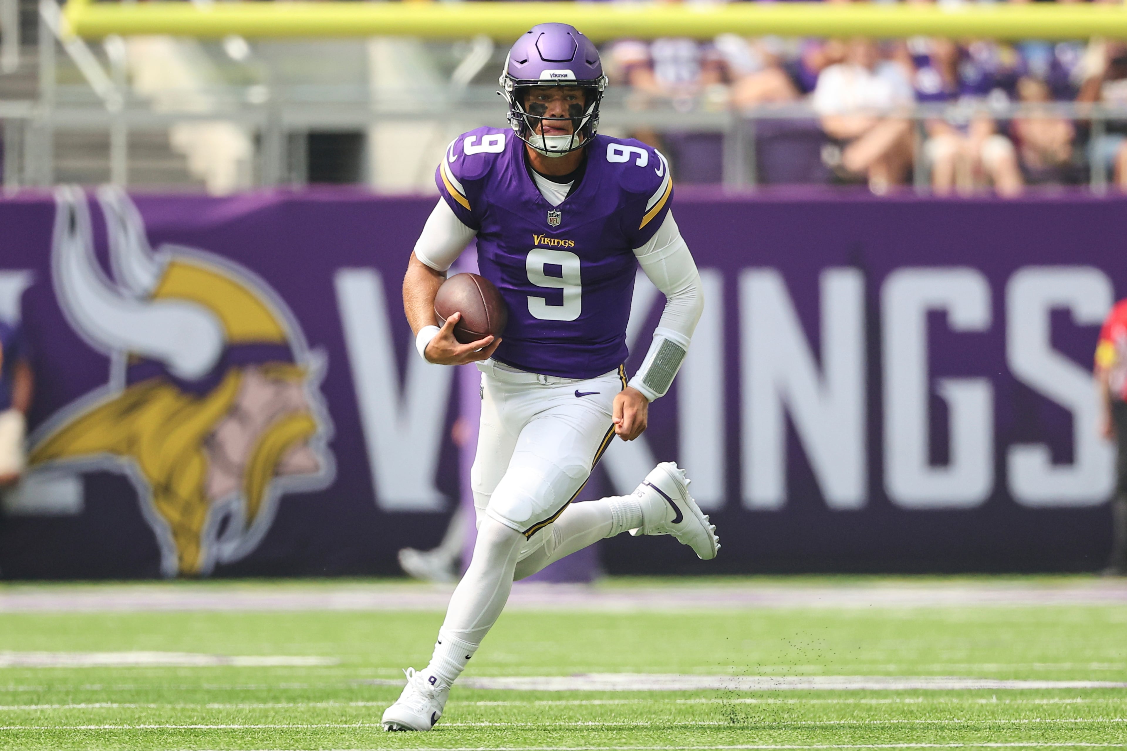 Minnesota Vikings quarterback J.J. McCarthy runs the ball during the first half of an NFL preseason football game against the Houston Texans, Saturday, Aug. 9, 2025, in Minneapolis. (Matt Krohn/AP)