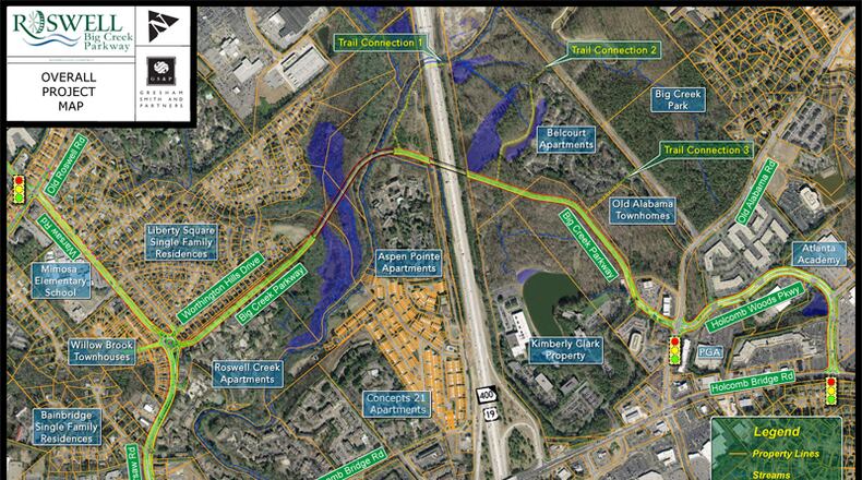 Map depicts the route of the proposed Big Creek Parkway in Roswell. The City Council has approved spending $635,000 to acquire 55.3 acres of right-of-way for the project. CITY OF ROSWELL