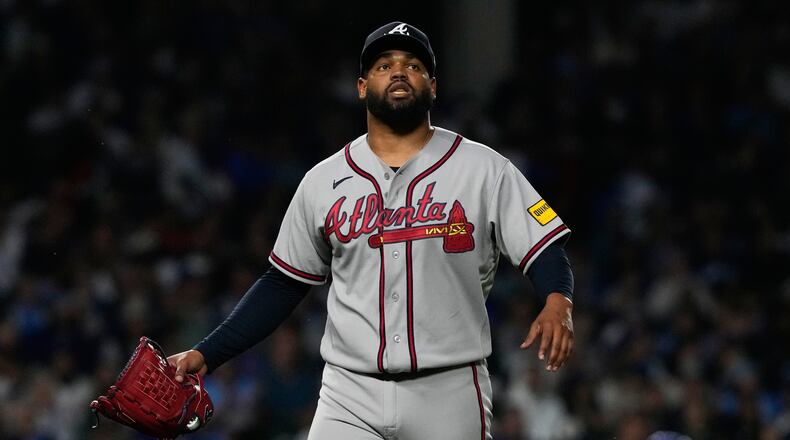 Atlanta Braves starting pitcher Reynaldo López walks to the dugout after the second inning of a baseball game against the Chicago Cubs in Chicago, Monday, Sept. 14, 2026. (AP Photo/Nam Y. Huh)
