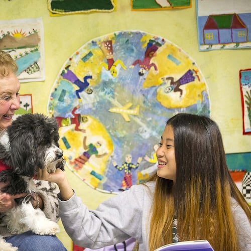 Cynthia Zeldin (left) allows Global Village Project student Mu Doe (right) to pet Lily, a registered therapy dog, during their reading time at the Global Village Project school in Decatur in November 2019. The Global Village Project is one of about 20 nonprofits to receive a grant from the Atlanta Women’s Foundation, as the organization announced the investment of $1.418 million to nonprofits providing programmatic support to women and girls in Metro Atlanta. (Alyssa Pointer/AJC)