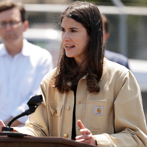 FILE - Rep. Marie Gluesenkamp Perez, D-Wash., speaks during a news conference, Wednesday, May 27, 2026, regarding the implosion of a Nippon Dynawave Packaging Co. tank containing hazardous liquid in Longview, Wash. (Karen Ducey/The Seattle Times via AP, File)