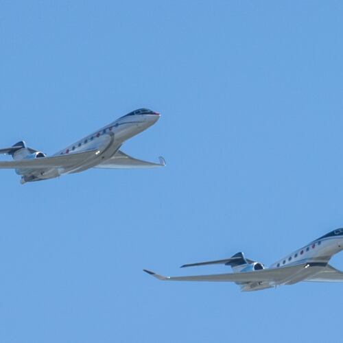 The G700 (top) and G800 (bottom) perform a fly-over during an event to celebrate the newly certified Gulfstream Aerospace Corporation G700 in Savannah. (Stephen B. Morton/AJC 2024)