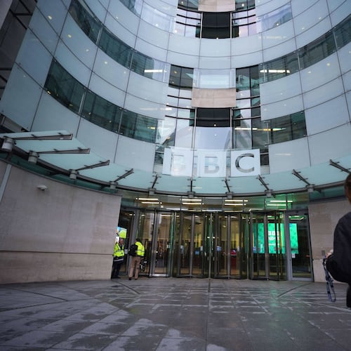 Staff arrive at BBC Broadcasting House in London, Monday Nov. 10, 2025. (James Manning/PA via AP)