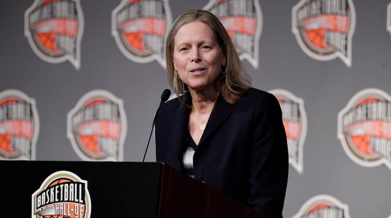 FILE - Class of 2021 inductee Val Ackerman speaks at a news conference for the Basketball Hall of Fame, Sept. 10, 2021, at Mohegan Sun in Uncasville, Conn. (AP Photo/Jessica Hill, File)