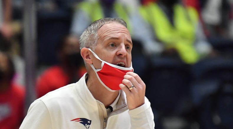 March 13, 2021 Macon - Berkmar's head coach Greg Phillips shouts instructions during the 2021 GHSA State Basketball Class AAAAAAA Boys Championship game at the Macon Centreplex in Macon on Saturday, March 13, 2021 Milton won 52-47 over Berkmar. (Hyosub Shin / Hyosub.Shin@ajc.com)