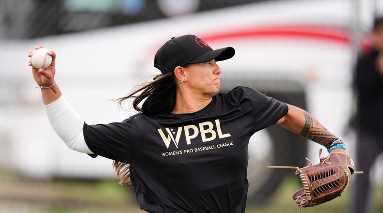 FILE - Kelsie Whitmore pitches during a Women's Pro Baseball League practice, Wednesday, March 18, 2026, in Fort Myers, Fla. (AP Photo/Rebecca Blackwell, File)