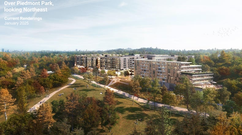 This is a rendering of Portman Holdings' plan for Amsterdam Walk, which has undergone multiple revisions to tweak its building heights and density. This rendering was made public in February 2025. (Courtesy of Portman Holdings, SOM Architects)
