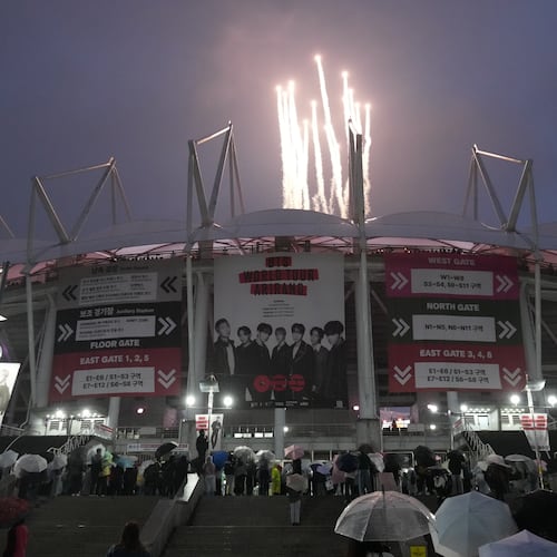 Fireworks explode at the stadium where K-pop band BTS is performing for their World Tour Arirang in Goyang, South Korea, Thursday, April 9, 2026. (AP Photo/Lee Jin-man)
