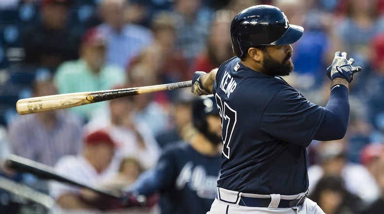 WASHINGTON, DC - SEPTEMBER 12: Matt Kemp #27 of the Atlanta Braves hits a RBI single scoring Ozzie Albies #1 (not pictured) in the first inning against the Washington Nationals at Nationals Park on September 12, 2017 in Washington, DC. (Photo by Patrick McDermott/Getty Images)
