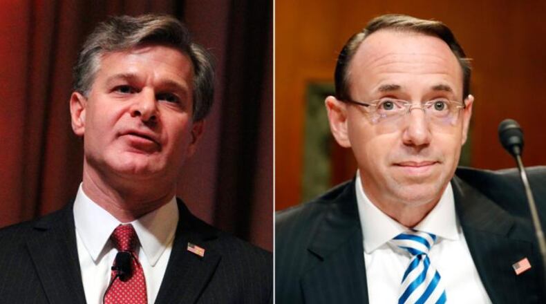FBI Director Christopher Wray, left, and Deputy Attorney General Rod Rosenstein. (AP)