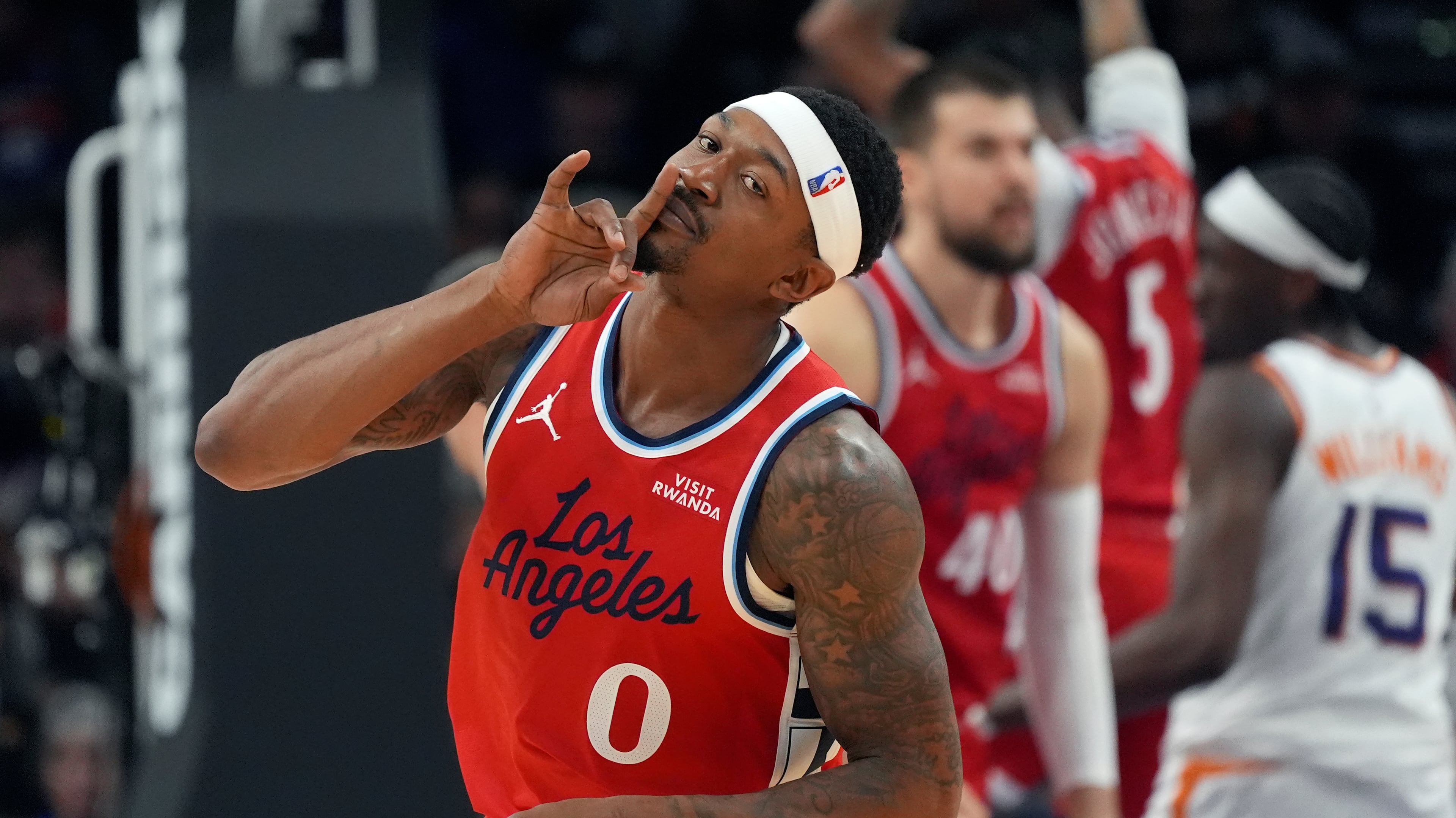 Los Angeles Clippers guard Bradley Beal celebrates a made 3-pointer against the Phoenix Suns during the first half of an NBA basketball game Thursday, Nov. 6, 2025, in Phoenix. (AP Photo/Ross D. Franklin)