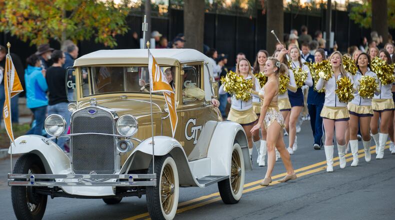 Georgia Tech's Ramblin' Wreck leads an on-campus parade.