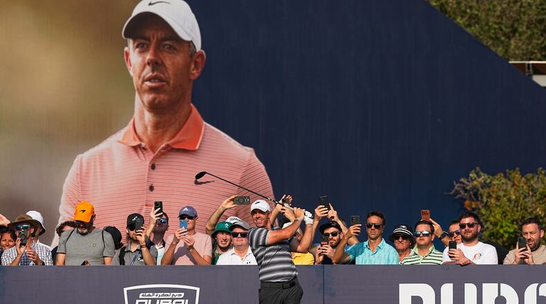 Rory McIlroy of Northern Ireland hits off the first tee during the first round of Dubai Invitational golf tournament in Dubai, United Arab Emirates, Thursday, Jan. 15, 2026. (AP Photo/Fatima Shbair)