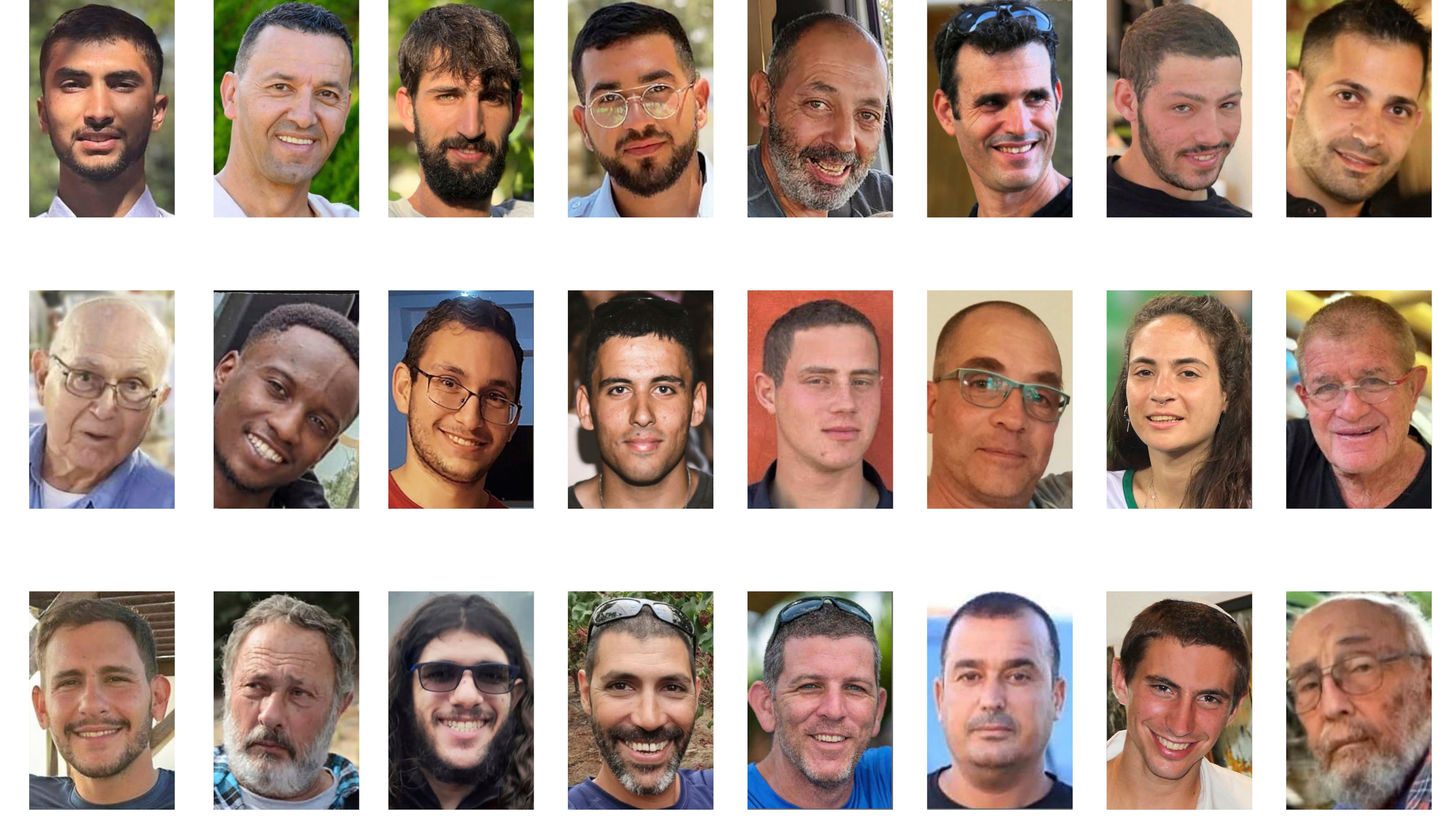 This Oct. 16, 2025, combination of images provided by Hostage's Family Forum shows some of the deceased that were held in Gaza when the latest ceasefire started, from top left, Bipin Joshi, Yossi Sharabi, Guy Illouz, Ran Gvili, Eitan Levi, Dror Or, Itay Chen, Uriel Baruch, second row from left, Amiram Cooper, Joshua Loitu Mollel, Tamir Nimrodi, Oz Daniel, Omer Neutra, Lior Rudaeff, Inbar Hayman, Meny Godard, third row from left, Daniel Peretz, Eliyahu Margalit, Sahar Baruch, Tamir Adar, Tal Haimi, Muhammad Al-Atarash, Hadar Goldin and Arie Zalmanovich. (Hostage's Family Forum via AP)