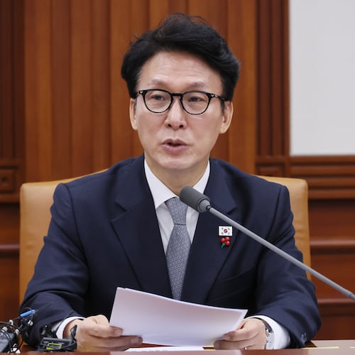 South Korean Prime Minister Kim Min-seok speaks during a policy meeting at the government complex in Seoul, South Korea, Wednesday, Dec. 10, 2025. (Lee Jeong-hoon/Yonhap via AP)