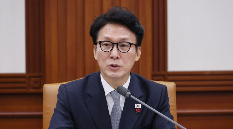 South Korean Prime Minister Kim Min-seok speaks during a policy meeting at the government complex in Seoul, South Korea, Wednesday, Dec. 10, 2025. (Lee Jeong-hoon/Yonhap via AP)