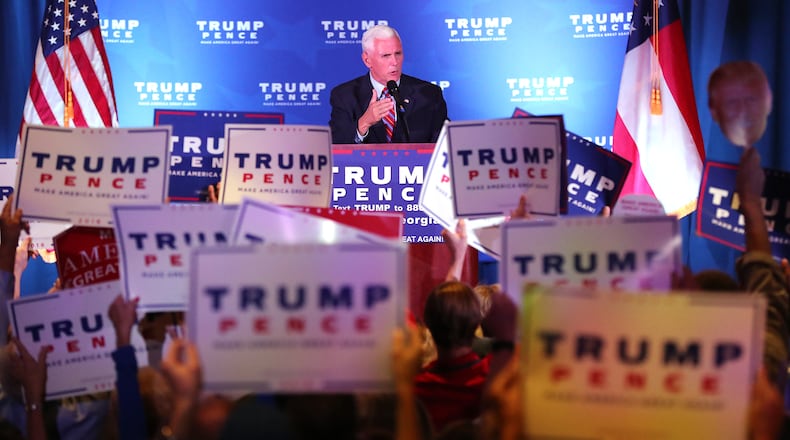 Republican Vice Presidential nominee and Indiana Governor Mike Pence makes a campaign stop in Marietta. Curtis Compton /ccompton@ajc.com