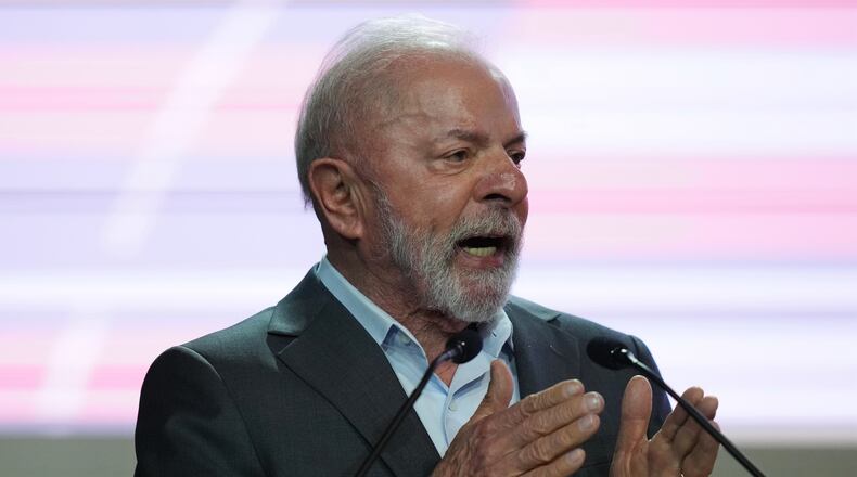 Brazil President Luiz Inacio Lula da Silva speaks during a plenary session at the COP30 U.N. Climate Summit, Monday, Nov. 10, 2025, in Belem, Brazil. (AP Photo/Fernando Llano)