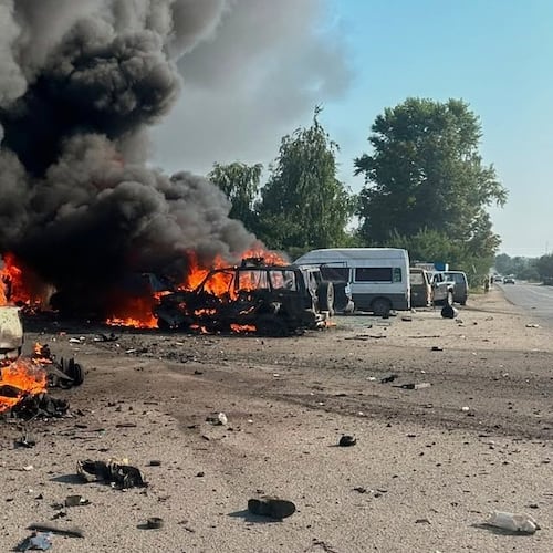 In this photo provided by the Ukrainian Emergency Service, fire is seen on the site of a Russian air attack in Pechenihy, Kharkiv region, Ukraine, Tuesday, Aug. 18, 2026. (Ukrainian Emergency Service via AP)