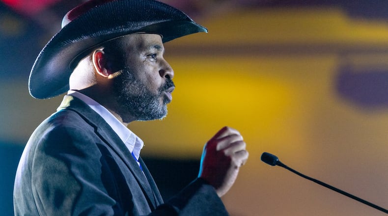 Marcus Flowers, the Democratic candidate running against incumbent U.S. Rep. Marjorie Taylor Greene, speaks at the Democratic Party of Georgia’s State Convention in Columbus on Saturday, August 27, 2022. Steve Schaefer/steve.schaefer@ajc.com)