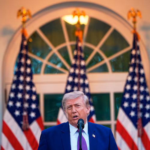 President Donald Trump speaks at a dinner for members of his administration and law enforcement organization leaders, during National Police Week, in the White House Rose Garden, Monday, May 11, 2026, in Washington. (AP Photo/Julia Demaree Nikhinson)