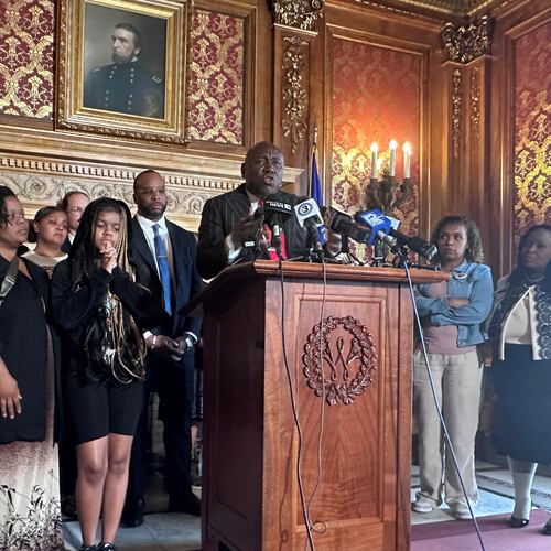 Attorney Ben Crump speaks alongside family members of Corey Ruiz, who was shot and killed by police, Friday, July 24, 2026, in Madison, Wis. (AP Photo/Scott Bauer)