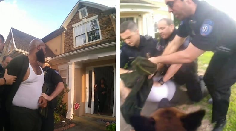 Alpharetta police are completing an internal review of use of force during a 911 call to the home of Travis Moya on July 25. During the incident, Moya looks at his wife in their front doorway before police forcibly take him to the ground and he is bitten by a police dog. (Images from Alpharetta police video)