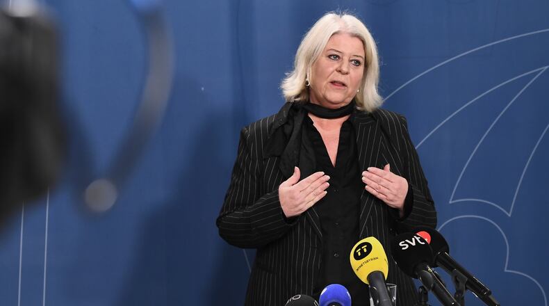 Minister of Social Services Camilla Waltersson Grönvall meets the media after meeting with e-commerce companies, children's rights organizations and authorities following the high-profile reporting on sex dolls depicting children, in Stockholm, Friday, Nov. 28, 2025. (Lars Schröder/TT News Agency via AP)
