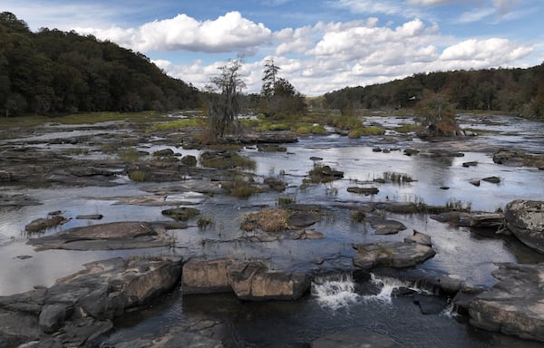 Yellow Jacket Shoals on the Flint River, is shown on Oct. 19, 2023, in Thomaston, Georgia. A legal battle over property rights and fishing on the Flint River could have implications for public access to waterways across the state. (Hyosub Shin/The Atlanta Journal-Constitution/TNS)
