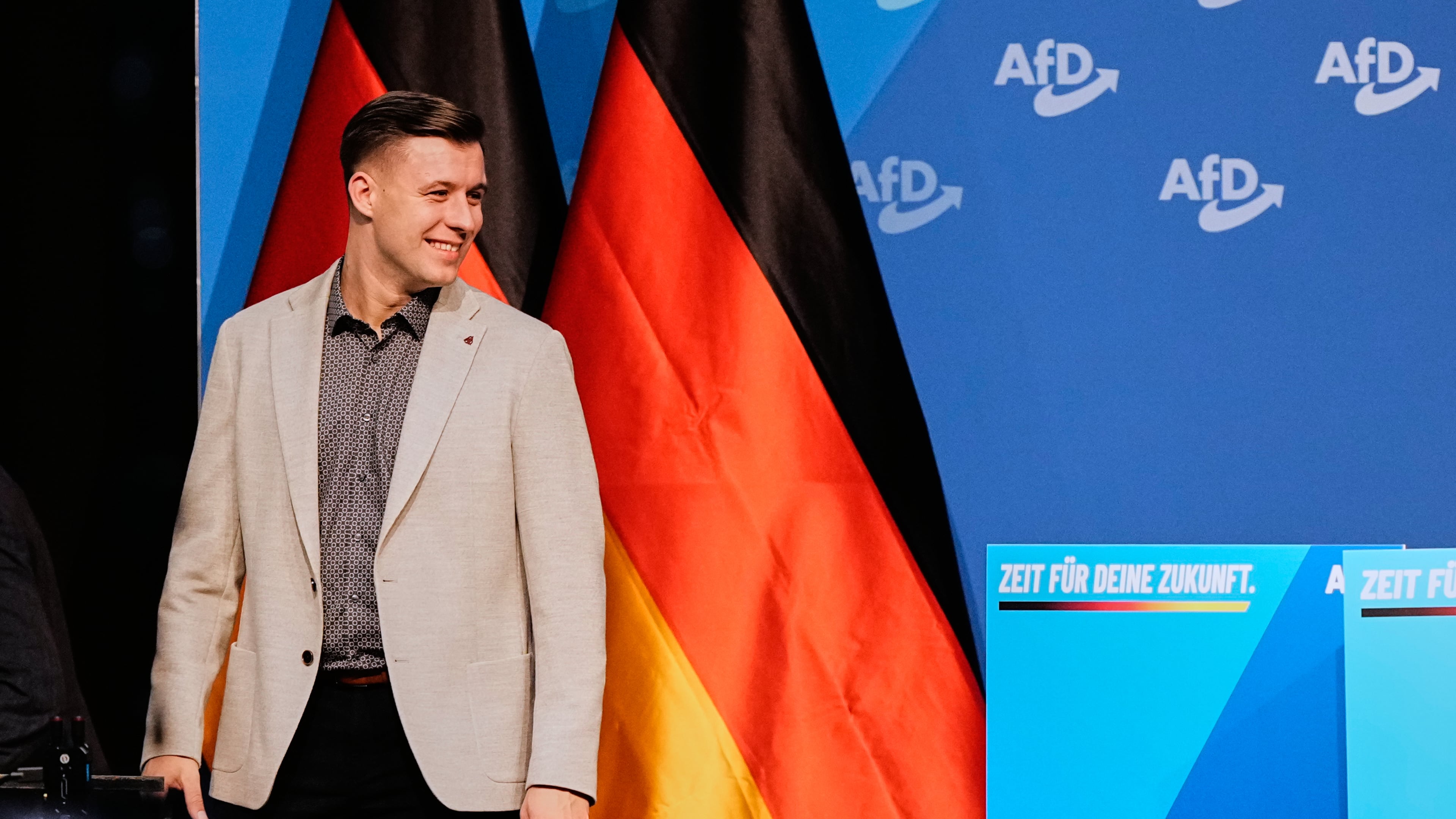 Jean-Pascal Hohm is seen after he was elected AfD youth leader during the re-founding of the AfD youth organization in Giessen, Germany, early Saturday, Nov. 29, 2025. (AP Photo/Martin Meissner)