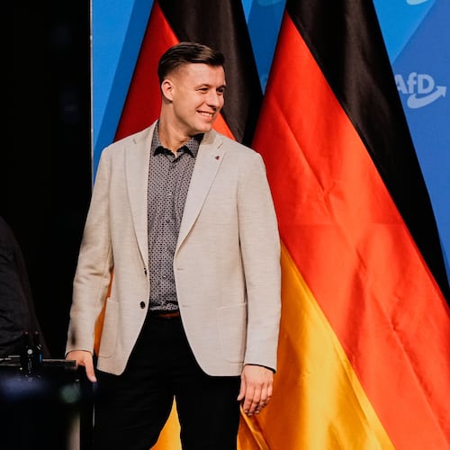 Jean-Pascal Hohm is seen after he was elected AfD youth leader during the re-founding of the AfD youth organization in Giessen, Germany, early Saturday, Nov. 29, 2025. (AP Photo/Martin Meissner)