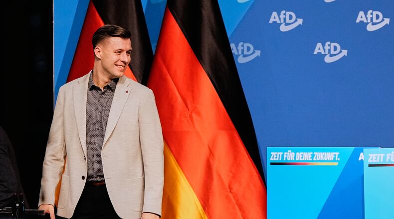 Jean-Pascal Hohm is seen after he was elected AfD youth leader during the re-founding of the AfD youth organization in Giessen, Germany, early Saturday, Nov. 29, 2025. (AP Photo/Martin Meissner)
