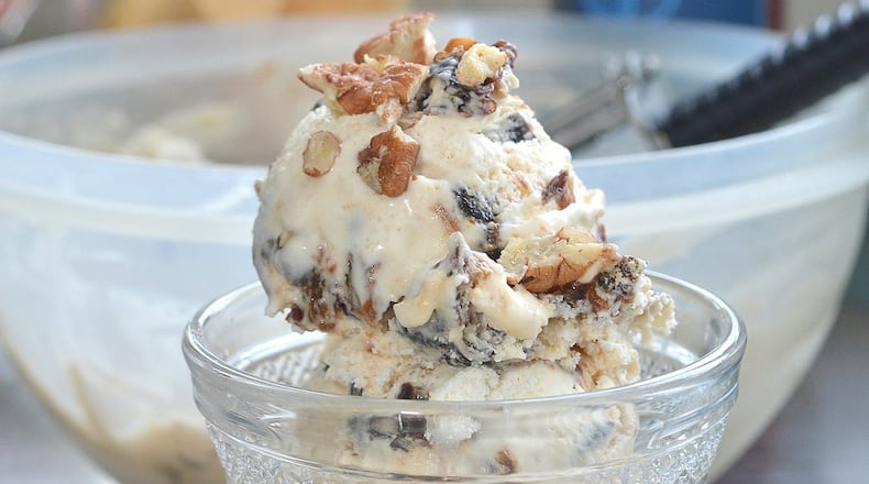 This no-churn Bourbon Prune Velvet is included in the new book “Ice Cream & Friends: 60 Recipes & Riffs” (Ten Speed Press, $22.99). The recipe does require whipping cream and making a meringue, but both steps are easy, and the resulting marriage of whiskey and dried fruit is lovely and haunting. We like this sweet ice cream topped with salty toasted pecans.(Photo by Chris Hunt/Special; styling by Wendell Brock)