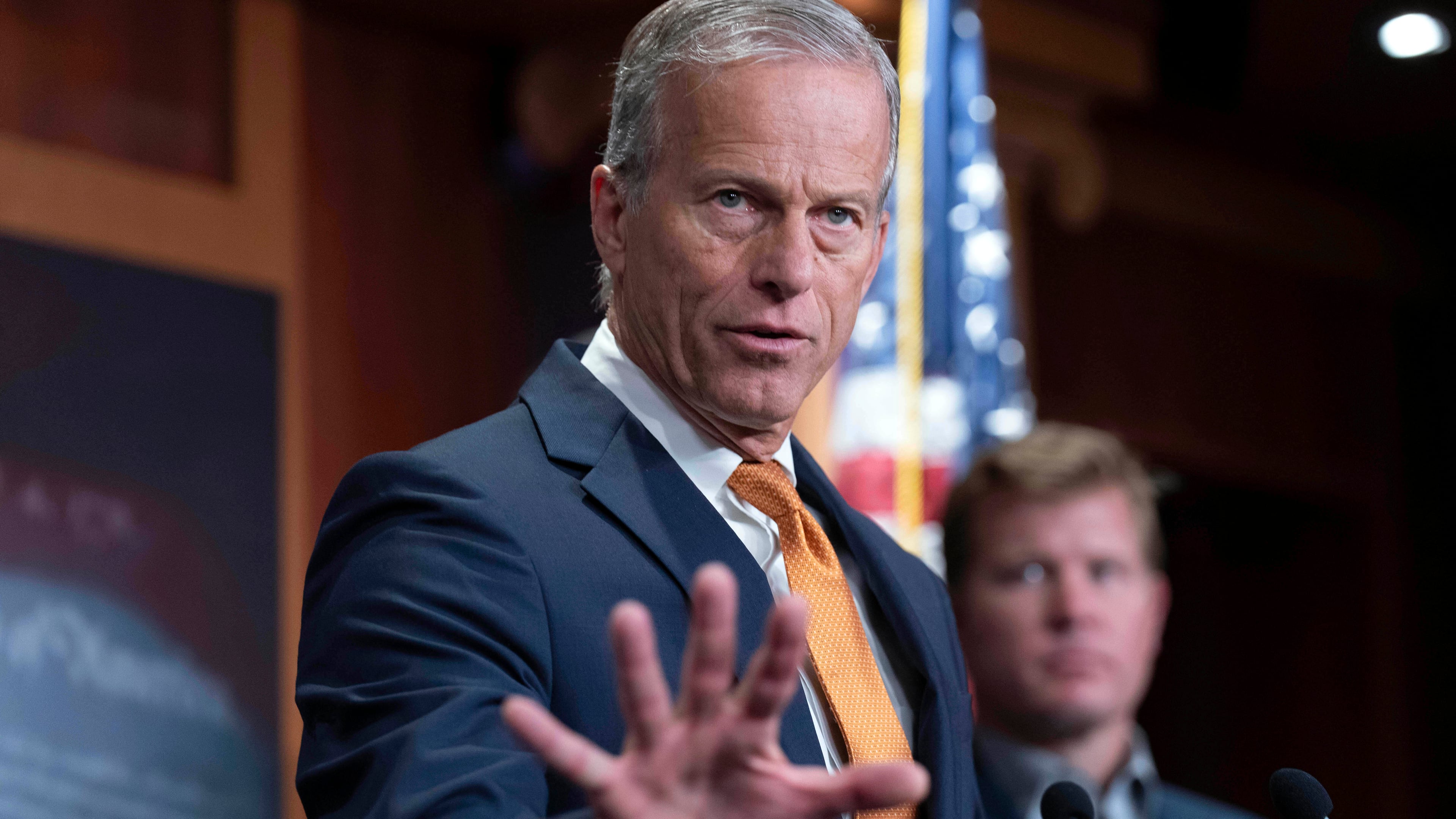 Senate Majority Leader John Thune, R-S.D., speaks during a news conference on Capitol Hill in Washington, Friday, Sept. 19, 2025. (AP Photo/Jose Luis Magana)