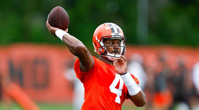 Cleveland Browns quarterback Deshaun Watson throws a pass during a drill at the NFL football team's practice facility Tuesday, June 14, 2022, in Berea, Ohio. (AP Photo/Ron Schwane)