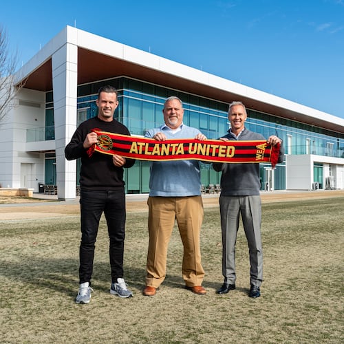 Manager Ronny Deila (from left), President Garth Lagerwey and Sporting Director Chris Henderson stand outside the Children’s Healthcare of Atlanta Training Ground on Wednesday, Jan. 8, 2025, in Marietta. Deila and Henderson are in the first year of their jobs with Atlanta United. (Mitch Martin/Atlanta United)