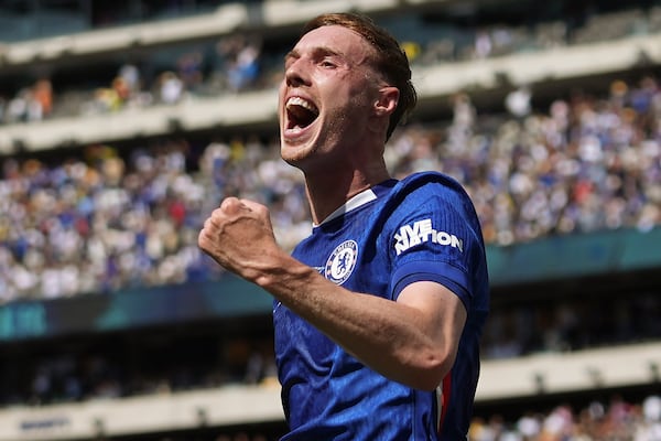 Chelsea's Cole Palmer reacts after scoring a goal against Paris Saint-Germain during the first half of the Club World Cup final soccer match in East Rutherford, N.J., Sunday, July 13, 2025. (AP Photo/Frank Franklin II)