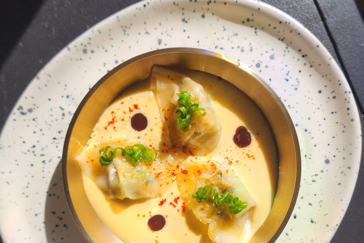 Three dumplings are artfully arranged in a bowl with a creamy sauce and garnished with circles of green onion.