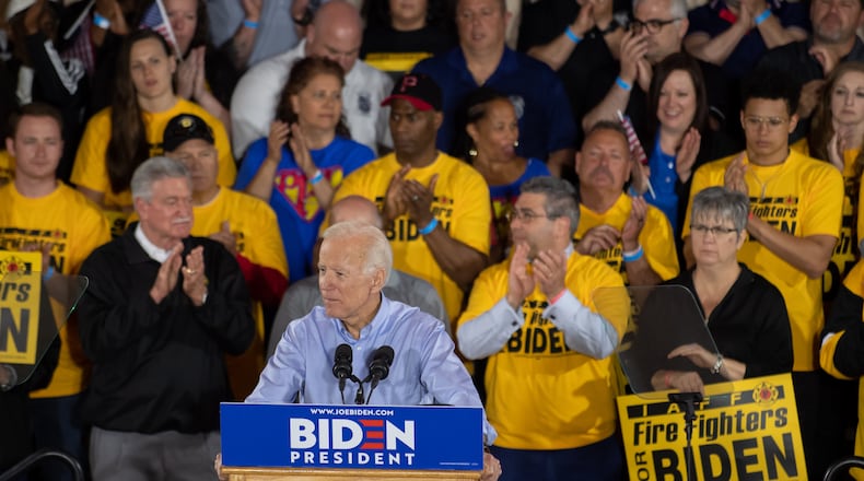 Democratic presidential candidate Joe Biden speaks at a campaign rally at Teamsters Local 249 Union Hall on Monday in Pittsburgh, Pa. Jeff Swensen/Getty Images