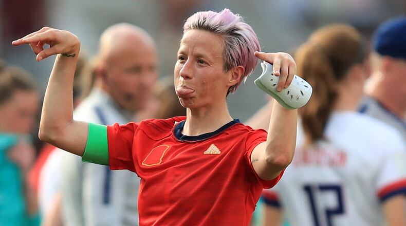 U.S. co-captain Megan Rapinoe reacts after the 2019 FIFA Women's World Cup France Round Of 16 match between Spain and USA at Stade Auguste Delaune on June 24, 2019 in Reims, France.