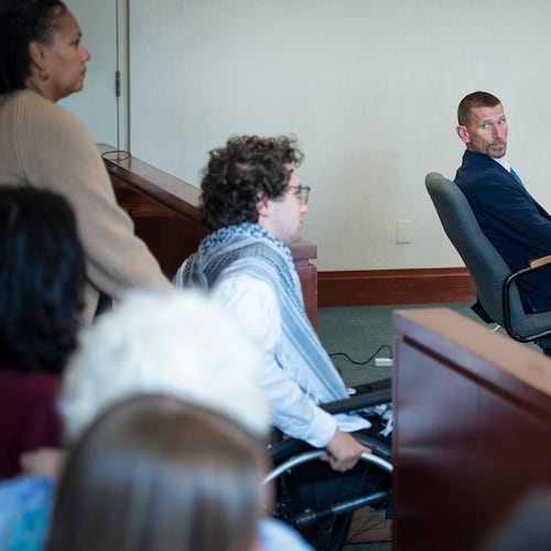 Jason Eaton watches as Hisham Awartani arrives to testify in Eaton's trial in Burlington, Vt., Monday, Sept. 14, 2026. (Glenn Russell/Pool photo via AP)